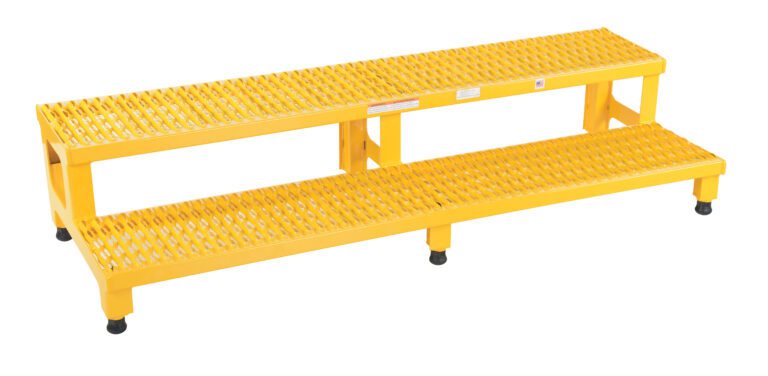 ASP-60_A.jpg The Vestil Adjust Step Mate Stand 2 Step 59.75 x 22.87 in is a yellow metal platform with two perforated steps and four adjustable legs, designed for safety in industrial or commercial settings.