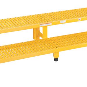 The Vestil Adjust Step Mate Stand 2 Step 59.75 x 22.87 in is a yellow metal platform with two perforated steps and four adjustable legs, designed for safety in industrial or commercial settings.
