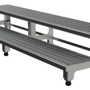 The Vestil Adj Alum Step Mate Stand 2 Step 72.06 X 22.75 features a metal two-step portable platform with a textured surface for grip, sturdy frame, and wheels for easy mobility, perfect for industrial or commercial use.