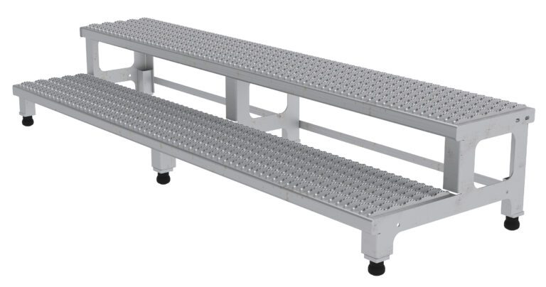 ASP-72-SS_A.jpg The Vestil Adj Ss Step Mate Stand 2 Step, measuring 71.75 x 22.75 inches, features a gray two-tier aluminum bleacher with non-slip surfaces and black-capped feet, ideal for both indoor and outdoor use.
