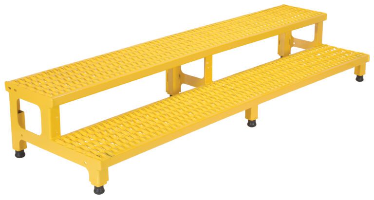 ASP-72_A.jpg The Vestil Adjust Step Mate Stand 2 Step, sized 72.06 x 22.87 inches, is a durable metal industrial staircase in yellow with perforated textured surfaces for grip. It features multiple legs and rubberized feet for stability, making its rectangular steps ideal for heavy-duty use.
