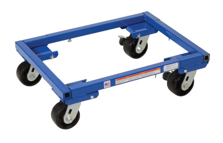 ATD-1622-4_A.jpg The Vestil Adjust Tote Dolly features a 16x22 inch blue metal frame with 4-inch casters. Its adjustable mechanism allows resizing, and four swivel wheels ensure smooth movement. Warning labels enhance safety during heavy item transport.