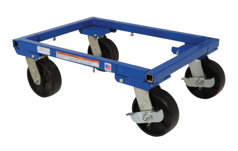 ATD-1622-6_A.jpg The Vestil Adjust Tote Dolly W/6 In Casters 16 X 22 has a blue steel frame with eye-catching stickers and four 6-inch swivel caster wheels with brakes, making it ideal for effortlessly moving heavy objects.