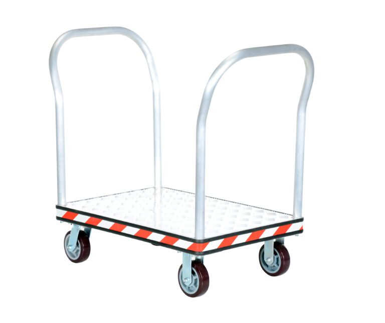 ATP-C-2436-2HDL_A.jpg The Vestil Alum Treadplate Platform Trk 24X33 Dual Hdl features a robust metal platform with two vertical handles and four dark wheels. Its silver checkered treadplate design is enhanced by bold red and white striped edges, combining durability with style.