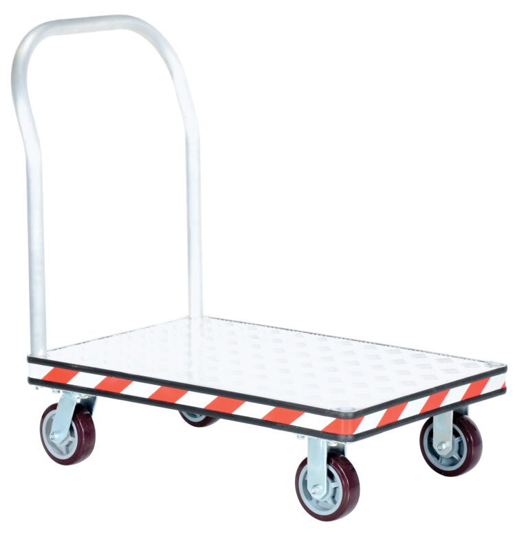 ATP-C-2436_A.jpg The sturdy Vestil Alum Treadplate Platform Trk 24X36 features a handle, flat checkered surface, and four wheels for smooth movement. Its edges are adorned with bold diagonal red and white stripes.