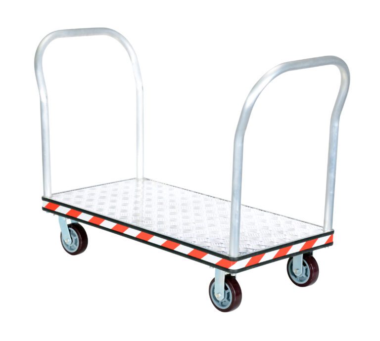 ATP-C-2448-2HDL_A.jpg The Vestil Alum Treadplate Platform Trk 24X45 Dual Hdl features a diamond-patterned surface for grip, dual handles, and four wheels. Its edges have red and white stripes for enhanced safety.