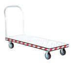 The Vestil Alum Treadplate Platform Trk 24X60 is a flatbed cart featuring a metallic checkered platform, four dark wheels, and a tall handle with red and white striped edges for easy heavy item transport.