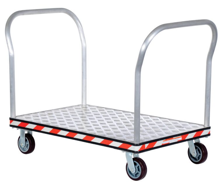 ATP-C-3048-2HDL_A.jpg The Vestil Alum Treadplate Platform Trk 30X45 Dual Hdl includes a metal platform trolley with four wheels and two curved handles. The surface features a textured design with red and black diagonal stripes, ensuring both durability and style.