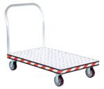The Vestil Alum Treadplate Platform Trk 30X48 is a versatile trolley with a metal handle, four smooth wheels, and a diamond plate surface. Its unique black and red striped edge enhances both style and safety for transport tasks.