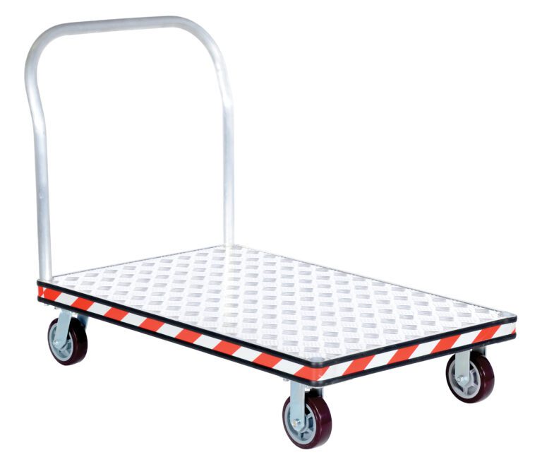 ATP-C-3048_A.jpg The Vestil Alum Treadplate Platform Trk 30X48 is a versatile trolley with a metal handle, four smooth wheels, and a diamond plate surface. Its unique black and red striped edge enhances both style and safety for transport tasks.