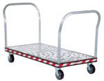 The Vestil Alum Treadplate Platform Trk 30X57 Dual Hdl has a silver treadplate surface, dual handles, and red-and-white striped edges, making it perfect for easy transport of heavy loads in industrial or commercial environments.