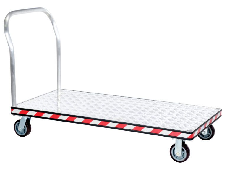 ATP-C-3060_A.jpg The Vestil Alum Treadplate Platform Trk 30X60 is a sturdy trolley with a diamond-patterned platform, bold black and red trim, four wheels, and a single upright handle for easy maneuvering across tasks.