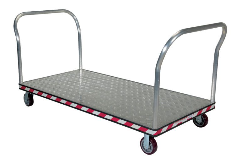ATP-C-3672-2HDL_A.jpg The Vestil Alum Treadplate Platform Trk 36X69 Dual Hdl is a flatbed trolley with a durable metal platform, four smooth-rolling wheels, U-shaped handles on both ends, and edges featuring a striking red and white striped pattern for enhanced visibility.