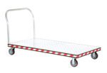 The Vestil Alum Treadplate Platform Trk 36X72 is a hand truck with a metal handle and four wheels, featuring a checkered metal platform with red and white striped edges, designed for efficient transport of heavy items.