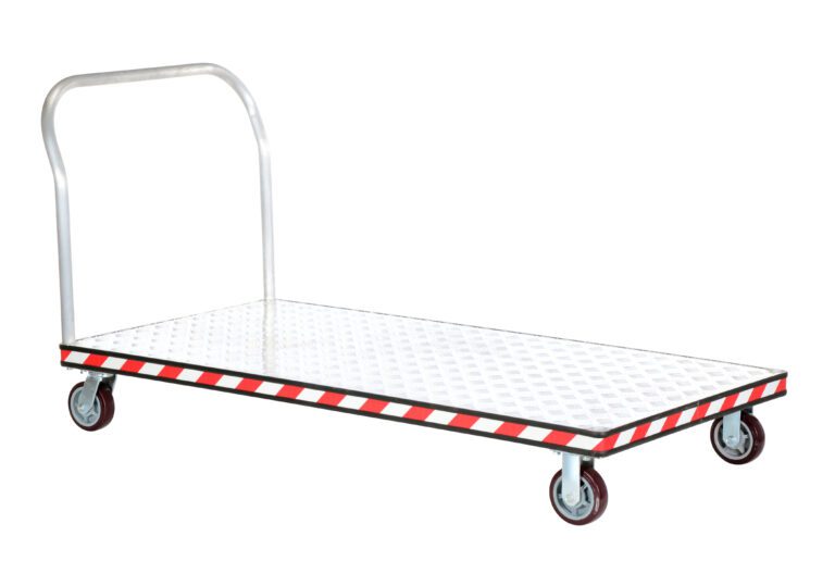 ATP-C-3672_A.jpg The Vestil Alum Treadplate Platform Trk 36X72 is a hand truck with a metal handle and four wheels, featuring a checkered metal platform with red and white striped edges, designed for efficient transport of heavy items.
