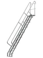The Vestil Galvanized Alternate Tread Stair 56 Degree 120 In features handrails on both sides, a safety chain at the top, and a 56-degree incline. This industrial design stands out with its simple, functional appearance and is isolated on a white background.
