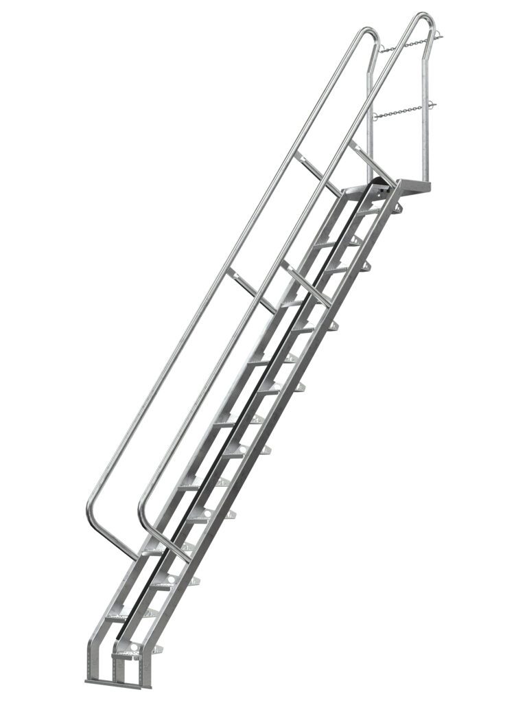 The Vestil Galvanized Alternate Tread Stair 56 Degree 120 In features handrails on both sides, a safety chain at the top, and a 56-degree incline. This industrial design stands out with its simple, functional appearance and is isolated on a white background.