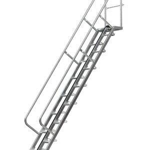 The Vestil Galvanized Alternate Tread Stair 56 Degree 120 In features handrails on both sides, a safety chain at the top, and a 56-degree incline. This industrial design stands out with its simple, functional appearance and is isolated on a white background.