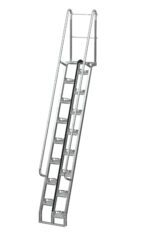 The Vestil Galvanized Alternate Tread Stair 68 Degree 120 In provides optimal safety with a 68-degree incline and perforated steps for grip. Designed for industrial use, it includes railings and a safety chain across the top opening.