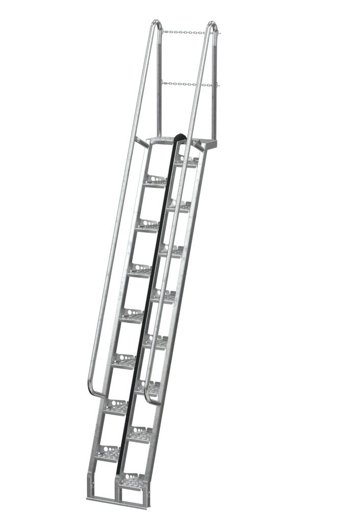 The Vestil Galvanized Alternate Tread Stair 68 Degree 120 In provides optimal safety with a 68-degree incline and perforated steps for grip. Designed for industrial use, it includes railings and a safety chain across the top opening.