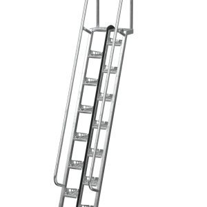 The Vestil Galvanized Alternate Tread Stair 68 Degree 120 In provides optimal safety with a 68-degree incline and perforated steps for grip. Designed for industrial use, it includes railings and a safety chain across the top opening.
