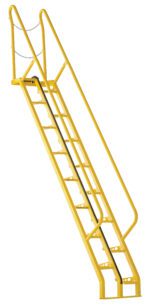 The Vestil Alternate Tread Stair 68 Degree 120 In is a durable yellow metal staircase with dual handrails and a top chain, ideal for industrial or commercial use with evenly spaced steps and robust construction.
