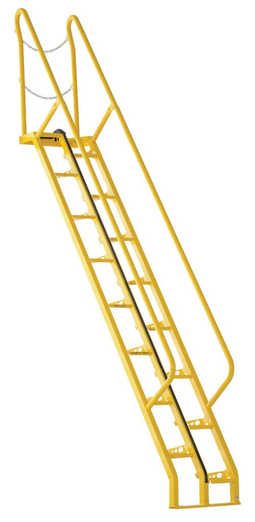 ATS-10-68_A.jpg The Vestil Alternate Tread Stair 68 Degree 120 In is a durable yellow metal staircase with dual handrails and a top chain, ideal for industrial or commercial use with evenly spaced steps and robust construction.