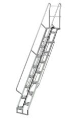 The Vestil Galvanized Alternate Tread Stair features a 56-degree incline, 131.75-inch height, handrails, and open treads. With a metallic finish for durability and a top safety chain, its ideal for industrial or outdoor use.