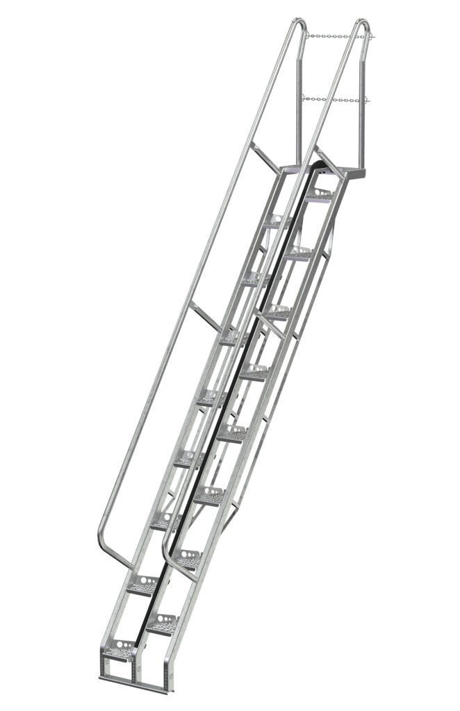 ATS-11-56-HDG_A.jpg The Vestil Galvanized Alternate Tread Stair features a 56-degree incline, 131.75-inch height, handrails, and open treads. With a metallic finish for durability and a top safety chain, its ideal for industrial or outdoor use.