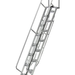 The Vestil Galvanized Alternate Tread Stair features a 56-degree incline, 131.75-inch height, handrails, and open treads. With a metallic finish for durability and a top safety chain, its ideal for industrial or outdoor use.