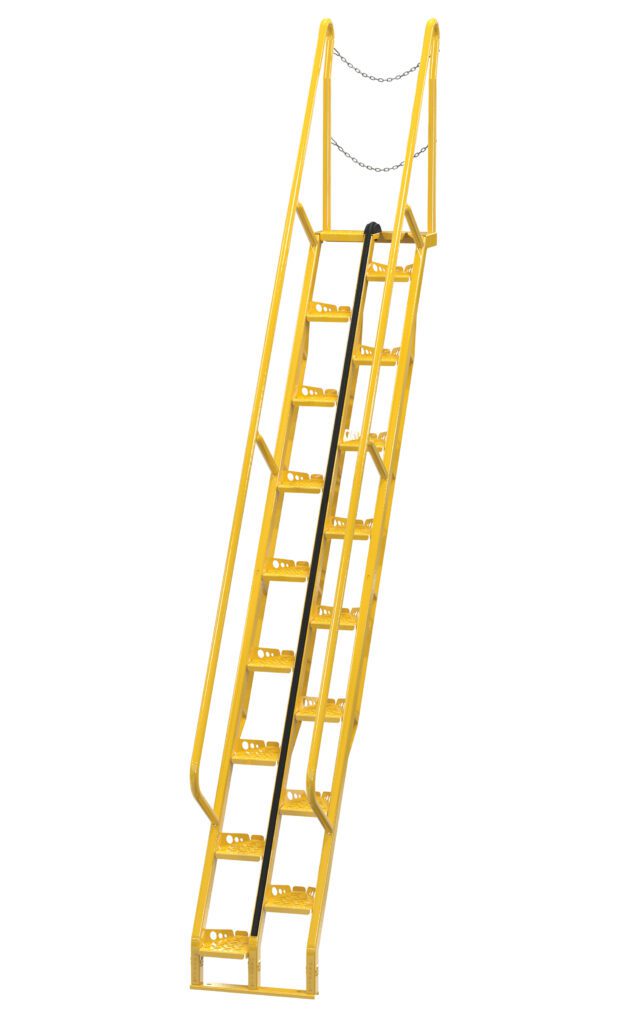 ATS-11-56_A.jpg The Vestil Alternate Tread Stair features safety handrails, a black central support bar, non-slip perforated steps, and a top chain barrier. Crafted in metal for industrial strength and heavy-duty use, this 56-degree 131.75-inch yellow staircase ensures durability.