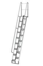 The Vestil Galvanized Alternate Tread Stair 68 Degree 131.75 In provides secure climbing with perforated steps at a 68-degree angle, handrails on both sides, and a top chain for enhanced safety.