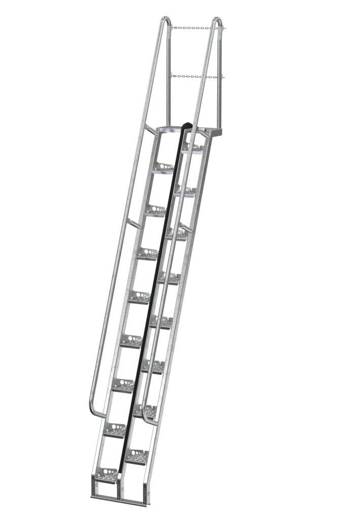 The Vestil Galvanized Alternate Tread Stair 68 Degree 131.75 In provides secure climbing with perforated steps at a 68-degree angle, handrails on both sides, and a top chain for enhanced safety.