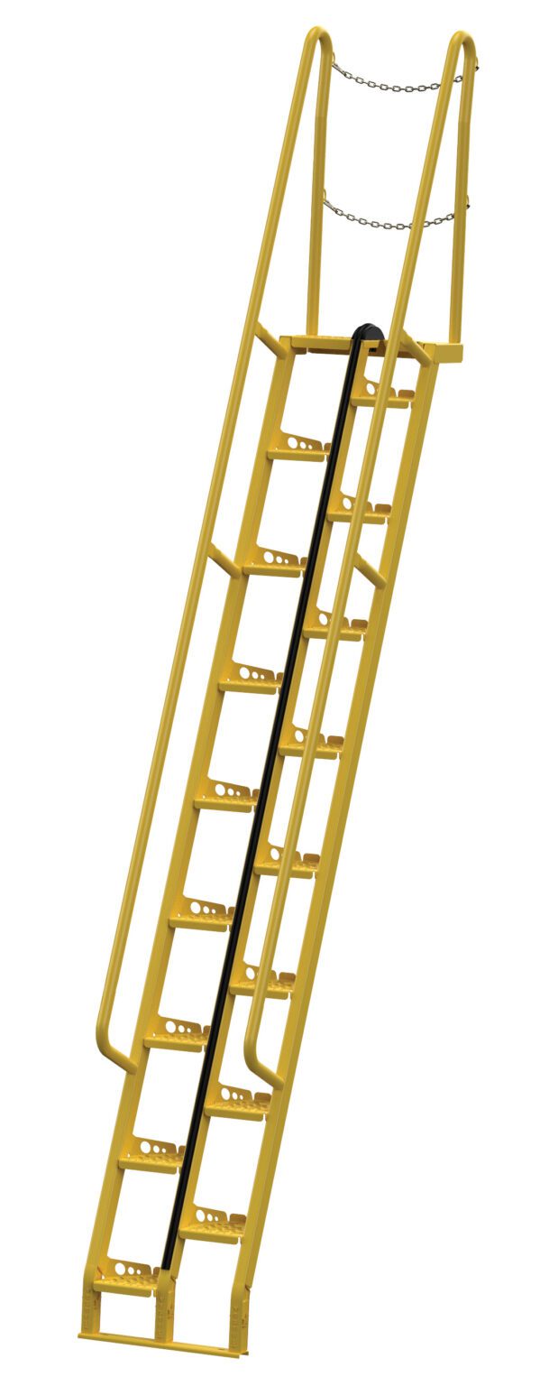 ATS-11-68_A.jpg A yellow industrial metal staircase, like the Vestil Alternate Tread Stair 68 Degree 131.75 In, features handrails and black non-slip surfaces on each steep step with a safety chain securing the top for added protection.
