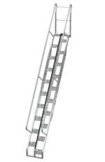 The Vestil Galvanized Alternate Tread Stair 56 Degree 143.75 In is a silver metal staircase with handrails and a non-slip surface, perfect for industrial or construction use due to its angled design, supportive frame, durability, and safety in challenging environments.