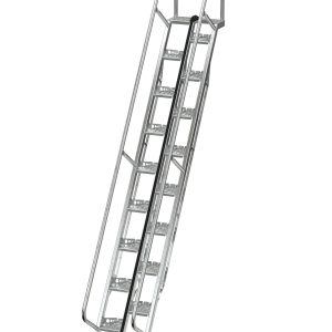 The Vestil Galvanized Alternate Tread Stair 56 Degree 143.75 In is a silver metal staircase with handrails and a non-slip surface, perfect for industrial or construction use due to its angled design, supportive frame, durability, and safety in challenging environments.