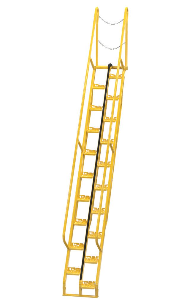 ATS-12-56_A.jpg The Vestil Alternate Tread Stair, with a 56-degree angle and a height of 143.75 inches, is a yellow industrial metal staircase featuring handrails, safety chains, and perforated steps for steep mounting.