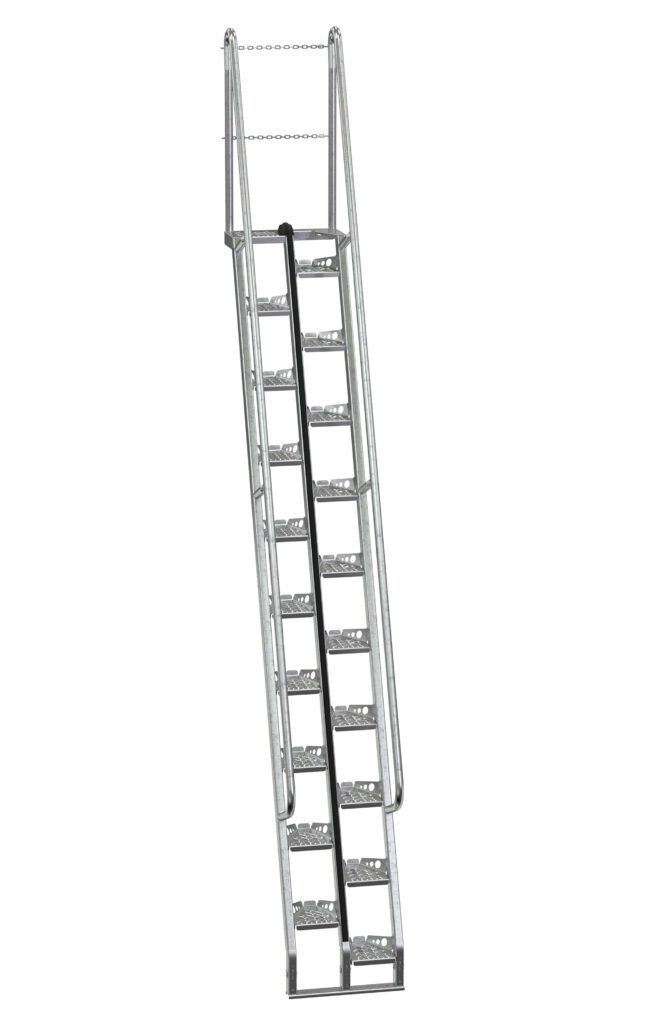 The Vestil Galvanized Alternate Tread Stair 68 Degree 143.75 In features a tall industrial design with perforated steps and dual safety rails, engineered for stability. Its sturdy metal structure ensures safe access in any setting.