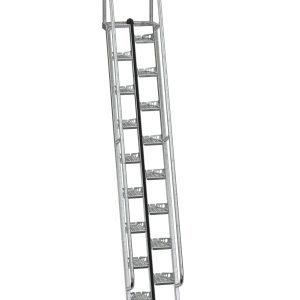 The Vestil Galvanized Alternate Tread Stair 68 Degree 143.75 In features a tall industrial design with perforated steps and dual safety rails, engineered for stability. Its sturdy metal structure ensures safe access in any setting.