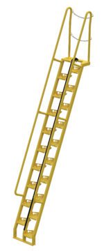 The Vestil Alternate Tread Stair 68 Degree 143.75 In is a sturdy yellow metal safety staircase with side railings, a top-entry chain, and perforated steps, making it ideal for secure access in elevated industrial spaces.