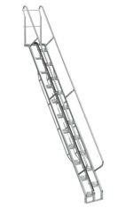 The Vestil Galvanized Alternate Tread Stair, with a 56-degree incline and 156.25-inch height, features perforated steps and dual handrails, making it perfect for industrial or warehouse settings due to its stable and durable construction.