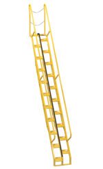 The Vestil Alternate Tread Stair 56 Degree 156.25 In is designed for industrial use with a yellow metal frame, handrails, and a safety chain. Its 56-degree incline allows angled ascent, and perforated steps at 156.25 inches high ensure a secure grip.