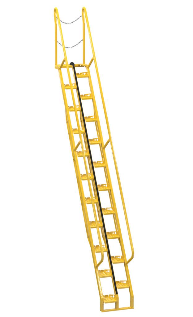 ATS-13-56_A.jpg The Vestil Alternate Tread Stair 56 Degree 156.25 In is designed for industrial use with a yellow metal frame, handrails, and a safety chain. Its 56-degree incline allows angled ascent, and perforated steps at 156.25 inches high ensure a secure grip.