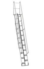 The Vestil Galvanized Alternate Tread Stair 68 Degree 156.12 In features a steep rise at 68 degrees, perforated steps, side railings, a central vertical safety bar, and a top chain, showcasing a simple industrial design.