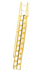 The Vestil Alternate Tread Stair 68 Degree 156.12 In features a tall, yellow industrial design with handrails and a safety chain for secure access. Its metal steps are ideal for maintenance tasks at a height of 156.12 inches.