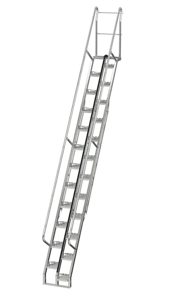 ATS-14-56-HDG_A.jpg The Vestil Galvanized Alternate Tread Stair 56 Degree 168 In features a steep incline and durable metal industrial design. Its narrow steps and chain barrier at the top make it ideal for warehouse use.