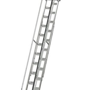 The Vestil Galvanized Alternate Tread Stair 56 Degree 168 In features a steep incline and durable metal industrial design. Its narrow steps and chain barrier at the top make it ideal for warehouse use.