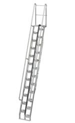 The Vestil Galvanized Alternate Tread Stair 68 Degree 168 In features sturdy handrails and a perforated surface for traction; a chain connects the top rails, making it ideal for industrial applications.