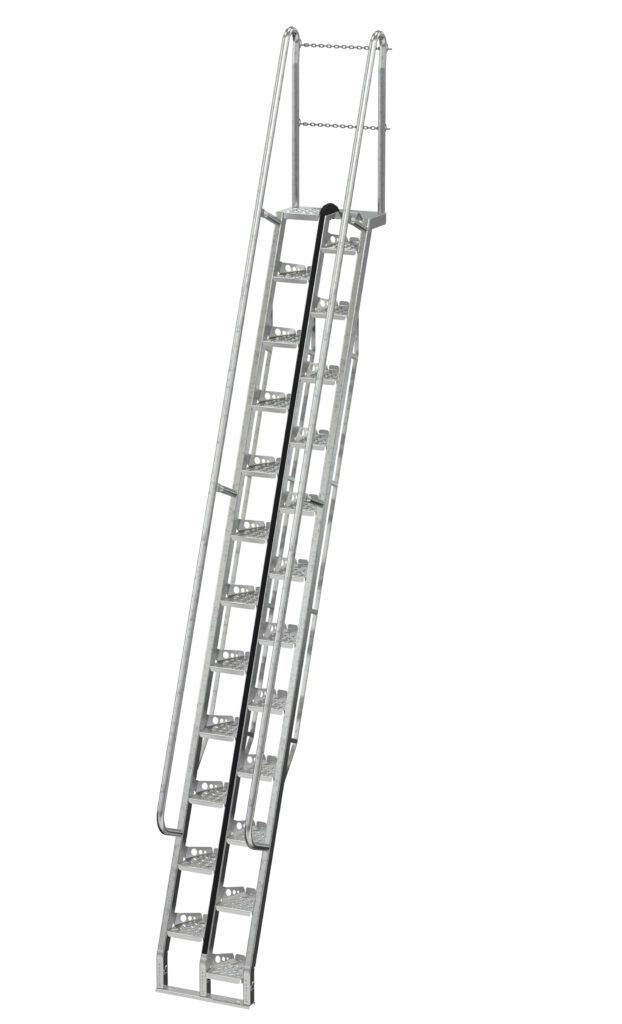 The Vestil Galvanized Alternate Tread Stair 68 Degree 168 In features sturdy handrails and a perforated surface for traction; a chain connects the top rails, making it ideal for industrial applications.