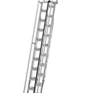 The Vestil Galvanized Alternate Tread Stair 68 Degree 168 In features sturdy handrails and a perforated surface for traction; a chain connects the top rails, making it ideal for industrial applications.